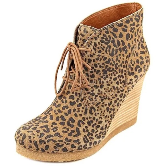 NWOT Lucky Brand Tahetti Suede Leopard Print Wedge Ankle Booties - Picture 1 of 8